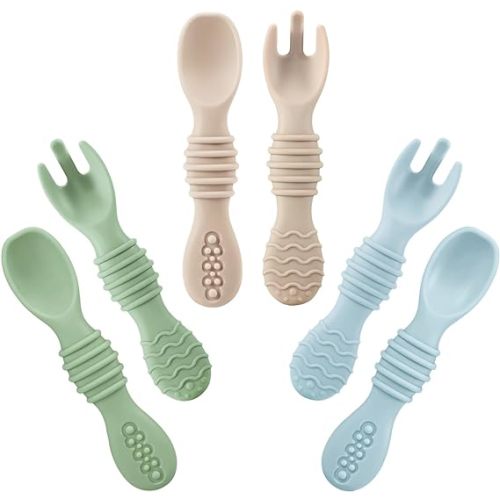 PandaEar 6 Pack Silicone Baby Spoons & Forks | Baby Feeding Set Self Feeding Utensils, Toddler Infant Feeding Spoon Forks BPA Free First Stage