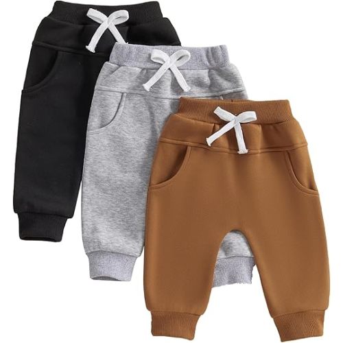 Toddler Baby Boys Girls Sweatpants 3 Pack Solid Color Elastic Waist Bottom Pants Newborn Infant Trousers