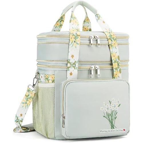Insulated Lunch Bag for Women/Men, Dual Compartment Waterproof Reusable Large Lunch Box for Adlut Wide-Open Tote Cooler Bag For Working Picnic Hiking (16L, Green-Flowers)