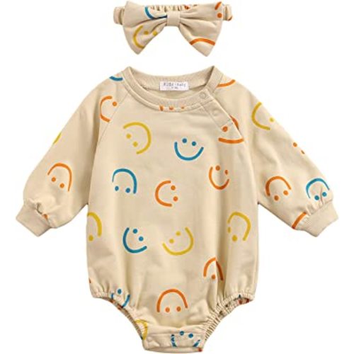 BULINGNA Infant Toddler Baby Girl Long Sleeve Smile Face Print Sweatshirt Romper Bodysuit with Bow Headband Clothes