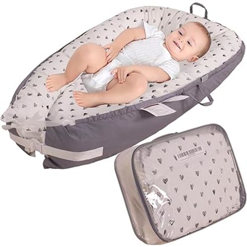 Baby Lounger, Ultra Soft Breathable Cotton Multiple Patterns, Removable Washable Cover, Portable & Adjustable, Perfect for Tummy Time, Newborn Shower