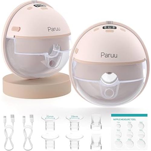 Paruu Hands Free Breast Pump P16, Wearable Breast Pump Electirc Portable with 4 Modes & 12 Levels, Max 309mmHg Strong Suction 19/21/24mm Flange Inserts Wearable Breastfeeding Pump, 2 Pack(Nude
