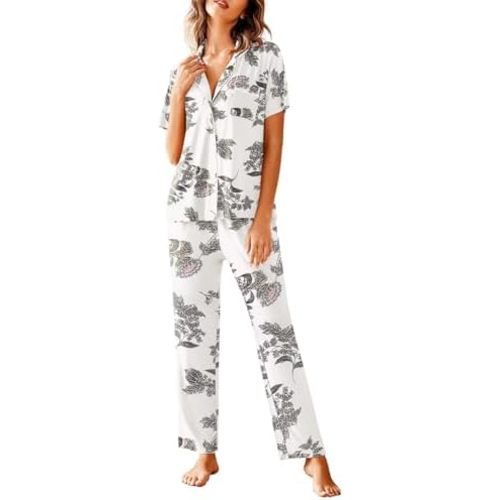 Avidlove Women Pajamas Set Notch Collar Soft Sleepwear Pjs Short Sleeve Button Down Nightwear with Long Pants