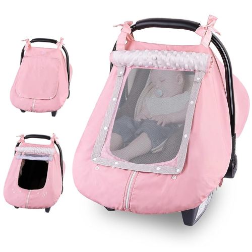 FIOBEE Baby Car Seat Cover, Car Seat Covers for Babies Infant Car Seat Canopy with Breathable Mesh Window Waterproof Carseat Cover for Babies Boy Girl 4 Seasons, Pink