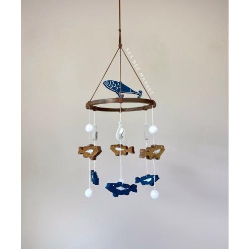 Fishing Nursery Crib Mobile with largemouth bass in wood and navy - Freshwater Fish, Hooks, Lures, Nautical Decor - Fishing baby shower
