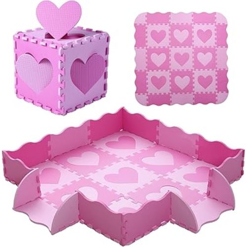 Foam Play Mat for Kids,25Pcs Square Interlocking Puzzle Floor Mat,Baby Play Mat Floor Mat Foam Puzzle Playmat for Toddlers with Fence - Pink Heart