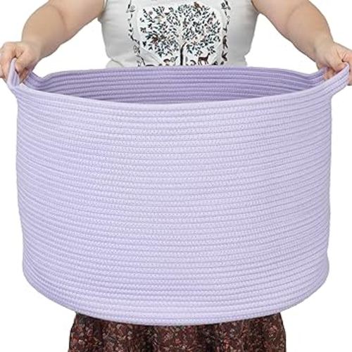 Large Cotton Rope Basket Blankets Basket Living Room 22"x14" Toy Basket for Kids Rope Storage Basket for Nursery Woven Laundry Basket for Clothes Baby Toy Storage round purple or Lavendor