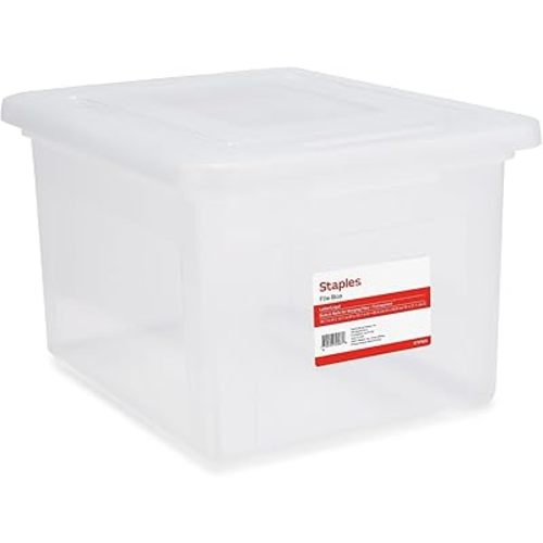 STAPLES Hanging File Folder Box, Storage Bin Organizer, Snap Lid, Letter and Legal Size Documents, Clear