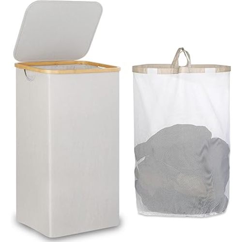 Laundry Basket with Lid, Large Laundry Hamper with Handle and Lid, Collapsible Clothes Basket Organizer with Removable Inner Bag for Clothes Toys Towels - 110L Light Grey