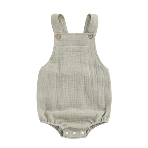 Sasaerucure Baby Cotton Linen Overalls Solid Color Sleeveless Square Neck Backless Romper for Boys Girls