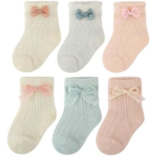 6 Packs Baby Girls Socks Mesh Thin Cotton Bow Ruffle Ankle Socks for Newborn Girls Toddler Infant Cute Dress Sock