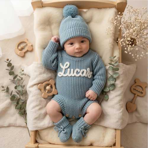 Hand Embroidered Name Baby Romper Set,Personalized Outfit, Baby Boy Romper, Coming Home, Organic Cotton Knit,Gender Neutral