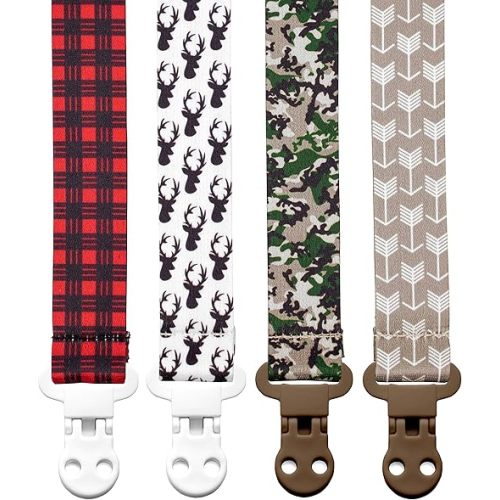 Baby Pacifier Clip Holder - Boy 4 Pack Gift Set – Rustic Woodland Forest Camouglage Deer Arrows (Hunting Adventure)