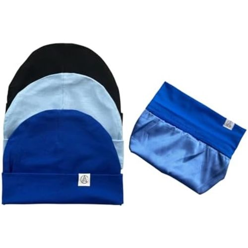 Aarin & Co. 3-Piece Silky Satin Lined Beanie Bundle for Baby Boys & Girls - Newborn & Toddler Hair Protection, Bamboo Jersey