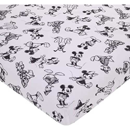 Disney Mickey Mouse - Charcoal, Black and White Mickey and Friends, Minnie Mouse, Donald Duck and Pluto Nursery Fitted Mini Crib Sheet