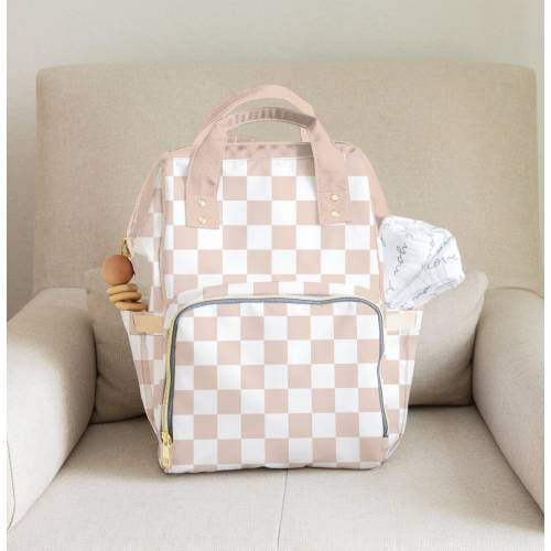 Checkered Nude Diaper Bag Backpack: Personalized Baby Shower Gift
