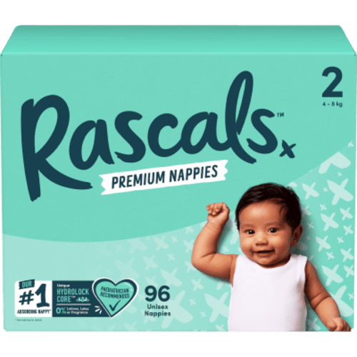 Rascals Premium Nappies Unisex Size 2 4-8kg Infant 96pk