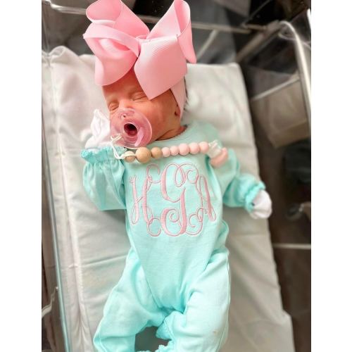 Baby girl coming home outfit, monogrammed ruffle romper, personalized baby shower gift, pima cotton, monogrammed, sk creations, mint ruffle