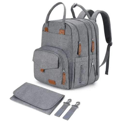 Large Diaper Bag Backpack for Two Kids Twins - Expandable Baby Bag (26-36L), Dual Big Compartments - Includes Changing Pad & Stroller Straps, Unisex Grey