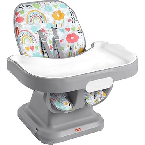 Fisher-Price Baby to Toddler High Chair SpaceSaver Simple Clean Portable Dining Seat & Booster with Washable Deep Tray & Liner, Sun Showers