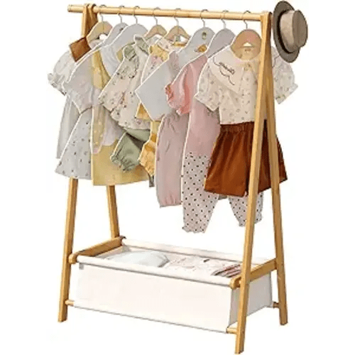 Bamboo Clothes Rack with Storage Box Foldable Garment Holder Coat Rack Freestanding Coat Stand Child Clothing Stand for Hanging Coat Dress up Racks (Natural, Small)