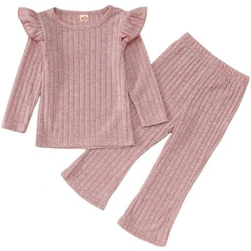 Toddler Baby Girls Clothes Set Ruffle Knit Ribbed Long Sleeve T-Shirts Tops+Pants 2Pcs Outfits Fall Winter Clothes