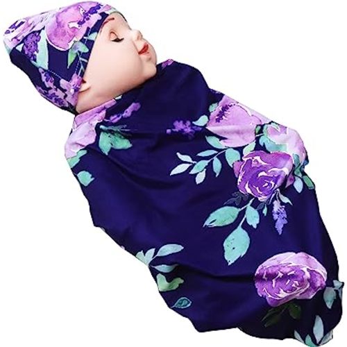 Newborn Swaddle Blanket with Beanie Set,Soft Stretchy Blanket for 0-3 Months Baby Boys and Girls(Purple Flower)