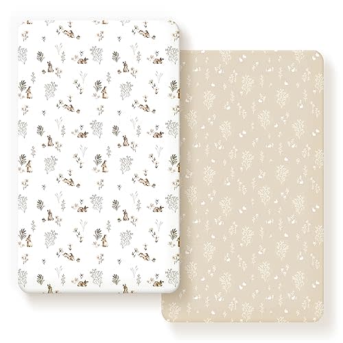 GRSSDER Stretch Ultra Soft Jersey Knit Fitted Crib Sheets Set 2 Pack,Fit All Standard Crib Mattress Pads Safe and Snug, Crib Fitted Sheet for Boys and Girls, Stylish Watercolor Rabbit Pattern