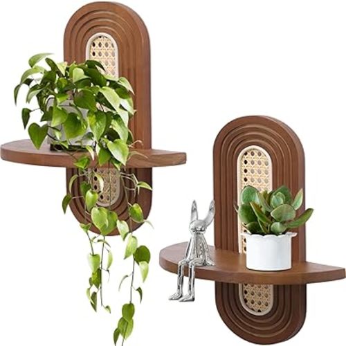 Floating Shelves for Wall, Boho Rattan Shelf Set of 2, Unique Small Decorative Shelf Wall-Mounted, Nature Wood Shelves for Living Room,Bedroom,Nursey Room (Walnut)