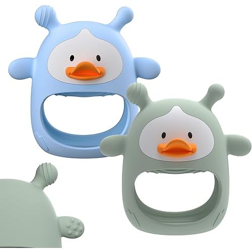 2 Packs Baby Teething Toys for 0-6 6-12 Months, Food Grade Silicone Teething Mitten, Anti Dropping Wrist Hand Teethers, Never Drop Baby Chew Toys for Sucking Needs, BPA Free (Blue & Green)