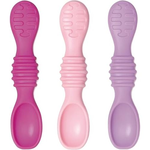 Bumkins Baby Utensil Set, Silicone Trainer Spoons for Dipping, Soft Tip, Self-Feeding, Chew, Baby Led Weaning, First Year Training Supplies, Essentials Learning Eating, 4 Mos, 3-pk Pink and Lavender