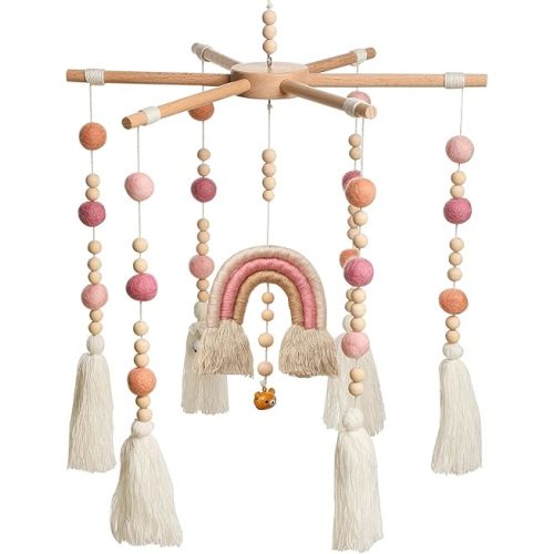 Baby Crib Mobile,Crib Mobile Wooden Mobile with Colorful Cotton Ball Wool Felt Ball Boho Baby Mobile Bassinet Mobile for Crib,Mobile for Baby Nursery and Ceiling Decoration