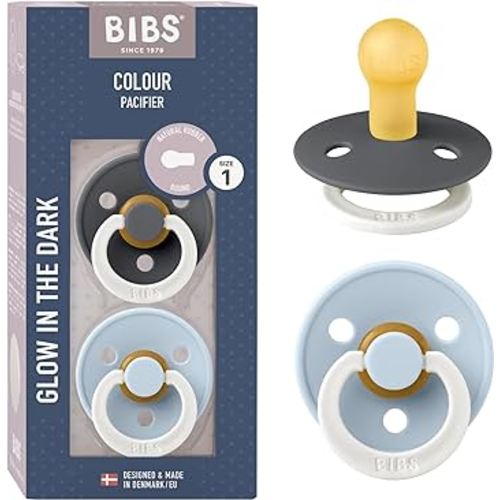BIBS Schnuller Colour 2er Pack, Naturkautschuk, dänische Schnuller mit Kirschform. (Iron Night/Baby Blue Night, Größe 1 (0-6 Monate))