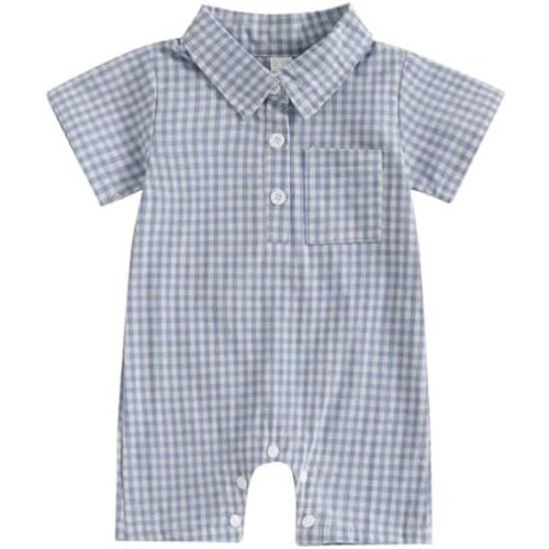 Karuedoo Newborn Baby Boy Clothes Gingham Short Sleeve Collared Romper Jumpsuit Plaid Button Down Bodysuit Summer Outfit