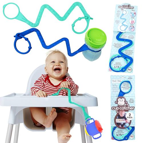 Brilli Baby Cup Catcher 2 Pack Patented Safety Tether Strap, Attach Sippy Cups, Bottles, Toys, Pacifiers to Stroller, High Chair, Car Seat, Made in USA, Food Grade, Dishwasher Safe (Aqua & Navy)