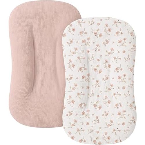 Muslin Baby Lounger Cover for Newborn & Infant, 100% Cotton Soft and Breathable Lounger Slipcover for Baby Girls and Boys, Pack of 2 (Blushing Floral)