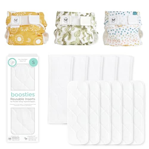 Honest Hybrid Cloth Diaper Cover + Super Boosties Reusable Inserts, Small (8-15 lbs), Cotton Muslin Honest Covers Feature Pocket-Sling, 3 Pack, Boosties Inserts 10 Count