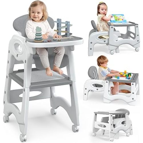 5 in 1 Baby High Chair, Convertible Highchair for Toddlers and Babies, Infant Dining Chair Booster Seat, Kids Stool Table Chair Set with Removable Tray, Building Block Table(Grey)