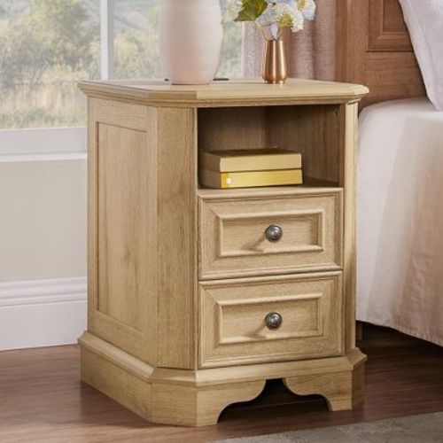 Nightstand with Charging Station, 18" Farmhouse End Table with 2 Drawers Storage, Bedside Table for Bedroom, Living Room, Natural