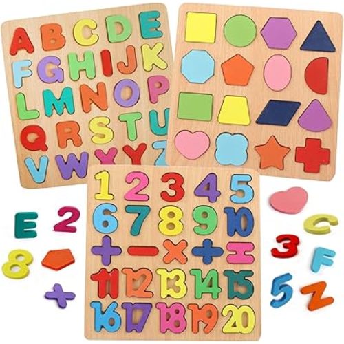 Puzzles for Toddlers, 3 Pack Wooden ABC Alphabet Number Shape Puzzles Toddler Learning Toys for Kids 2-4 Years Boys Girls, Montessori Preschool Educational Gift Learning Letter Puzzles Toys Ages 1-3
