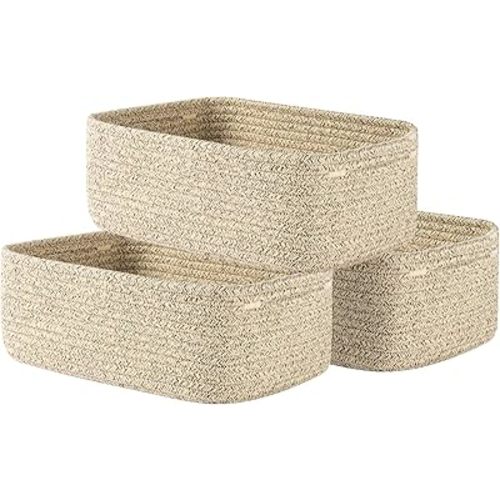 Small Woven Basket, 12 x 8 x 4.5 Inches, Storage Basket for Organizing, Cute Small Rope Shelf Closet Cube Storage Bins Baskets for Shelves, Dog Toy Basket, Gift Baskets Empty, 3 Packs, Mixed Brown