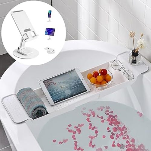 Adjustable Bathtub Caddy Tray- Bath Tub Table Caddy - Mobile Phone Holder-tub Pillow for Bath-White+White
