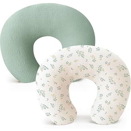 Konssy Muslin Nursing Pillow Covers, Soft and Cute Nursing Covers for Breastfeeding Pillows, Ideal for Newborn Baby Boys and Girls (Green, Leafy) - 2 Pack