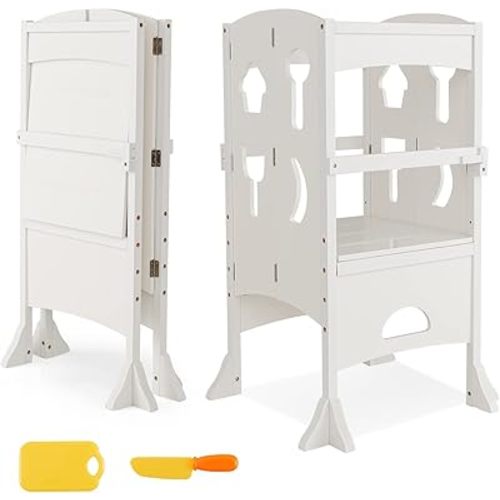 Costzon Toddler Tower, Foldable Kids Kitchen Step Stool w/Safety Rail, Height Adjustable Wood Standing Tower for Toddlers, Montessori Child Learning Tower for Bathroom, Kitchen Counter