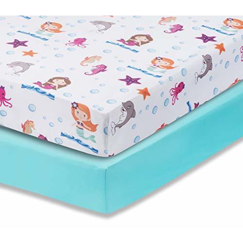 Everyday Kids 2 Pack Fitted Girls Crib Sheet, 100% Soft Breathable Microfiber Baby Sheet, Fits Standard Size Crib Mattress 28in x 52in, Nursery Sheet - Mermaid/Aqua