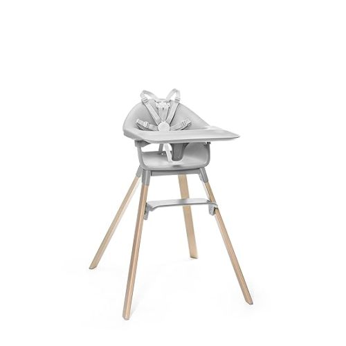 Stokke Clikk Easy to Clean Cloud Grey Baby High Chair with Natural Legs, All in One Box (Includes Tray and Harness)