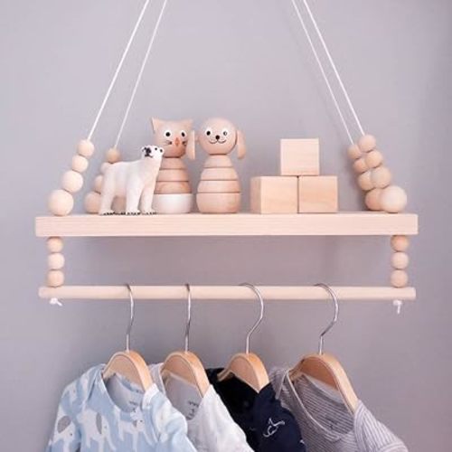 Macrame Wall Shelves, Wall Shelves for Decor, Boho Wall Hanging Shelf, Hanging Shelves for Wall with Wooden Beads and Towel Rack, for Bedroom, Living Room, Corridor Decoration(Wood)
