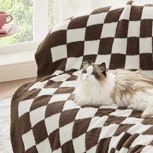 Bedsure Checkered Throw Blanket for Couch - Super Soft, Cozy & Warm Knit Blanket, Breathable, Lightweight & Fluffy for Bed & Sofa, Checkered Brown, 60x80 Inches