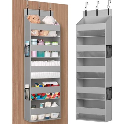 Lifewit 1 Pack Over the Door Organizer, 5 Shelf Clear Window Hanging Storage with 4 Mesh Side Pockets, Anti Tilt 40lbs Load Behind Door for Pantry, Nursery, Bathroom, Bedroom, Kitchen, Dorm,Light Grey