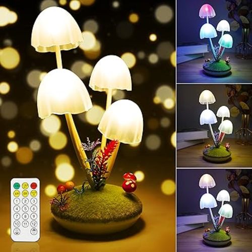 Mushroom Night Light for Kids, Wonderland Mushroom Lamp Decor Small Table Lamp, Dual-Colors Bedside Lights with Dimmable Remote & Timer, Gift for Teen Girls Bedroom, Indoor Living Room Decorations